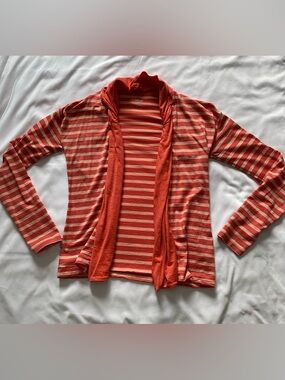 Icebreaker Striped Open Cardigan in Coral and Cream